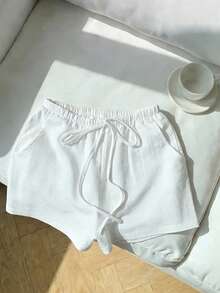 女士休闲白色阔腿短裤，采用时尚系带前襟设计和梭织无弹力面料 - 白色 - 查看 1