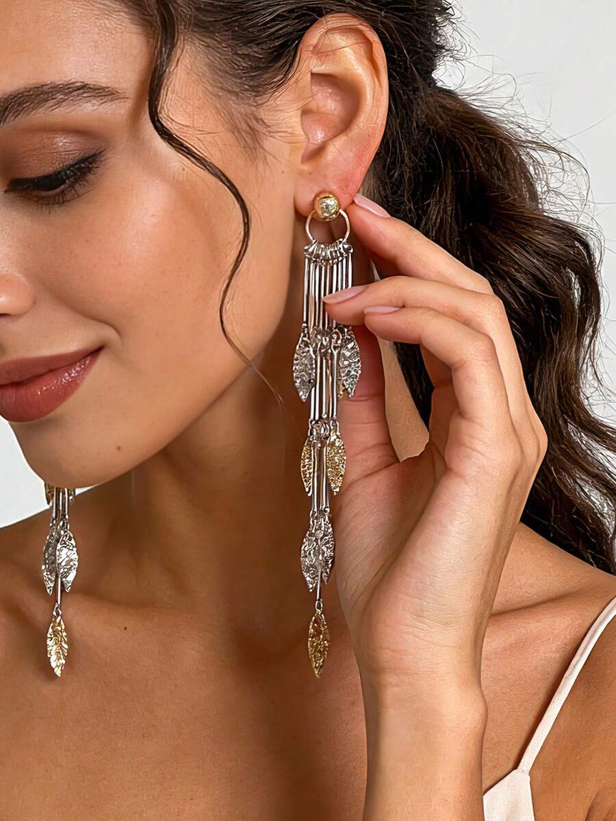 一对奢华树叶流苏耳环，设计独特，时尚百搭 - 多色葉子耳環 - 查看 1