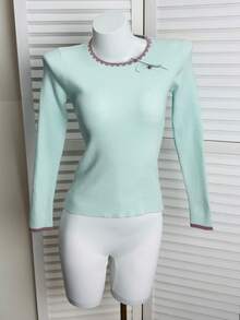 Spring/Summer New Contrast Color Round Neck Ribbed Knit Sweater Women, Long Sleeve Asymmetrical Hem Fitted Commuter Top - Baby Blue - View 7