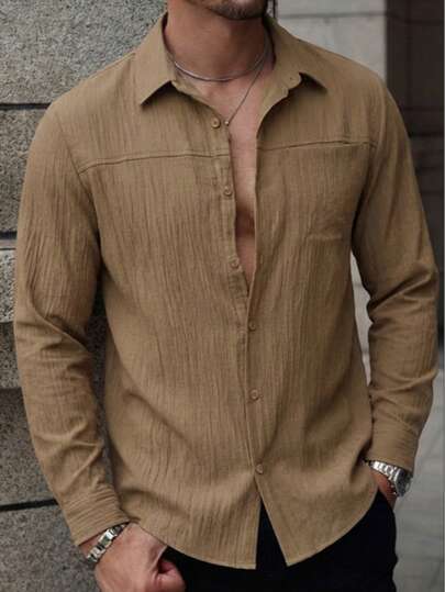 Camisa de manga larga con bolsillo único y pliegues de estilo vintage para hombres LOOKUN, diseño minimalista y casual para primavera/verano