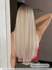 NAMM 24 Inch Long Straight White Blonde Wig For Women Mixed Brown Highlight, Gorgeous Fluffy Synthetic Wig With Bangs-Dark Roots Natural Appearance Very Soft Synthetic Heat Resistant Fiber Hair, Beautiful Full Machine Hair Wig Suitable For Fashion Girls Daily,Anime Or Costume Cosplay Decoration,Music Festival Dance Party Street Wear Use - White Highlight - View 3