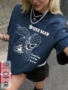 春夏女士新品：春夏 T 卹、春夏女士服裝、印花 T 卹、印花上衣、棉質上衣、高品質 T 卹、復古風、學院風、可愛風、都市風、Z 世代風格、千禧一代風格、Y2K 風格、朋克風、做舊風、極簡風、簡約風、休閒風、日常印花風、度假風格、有趣風格 - 牛仔藍 - 查看 1