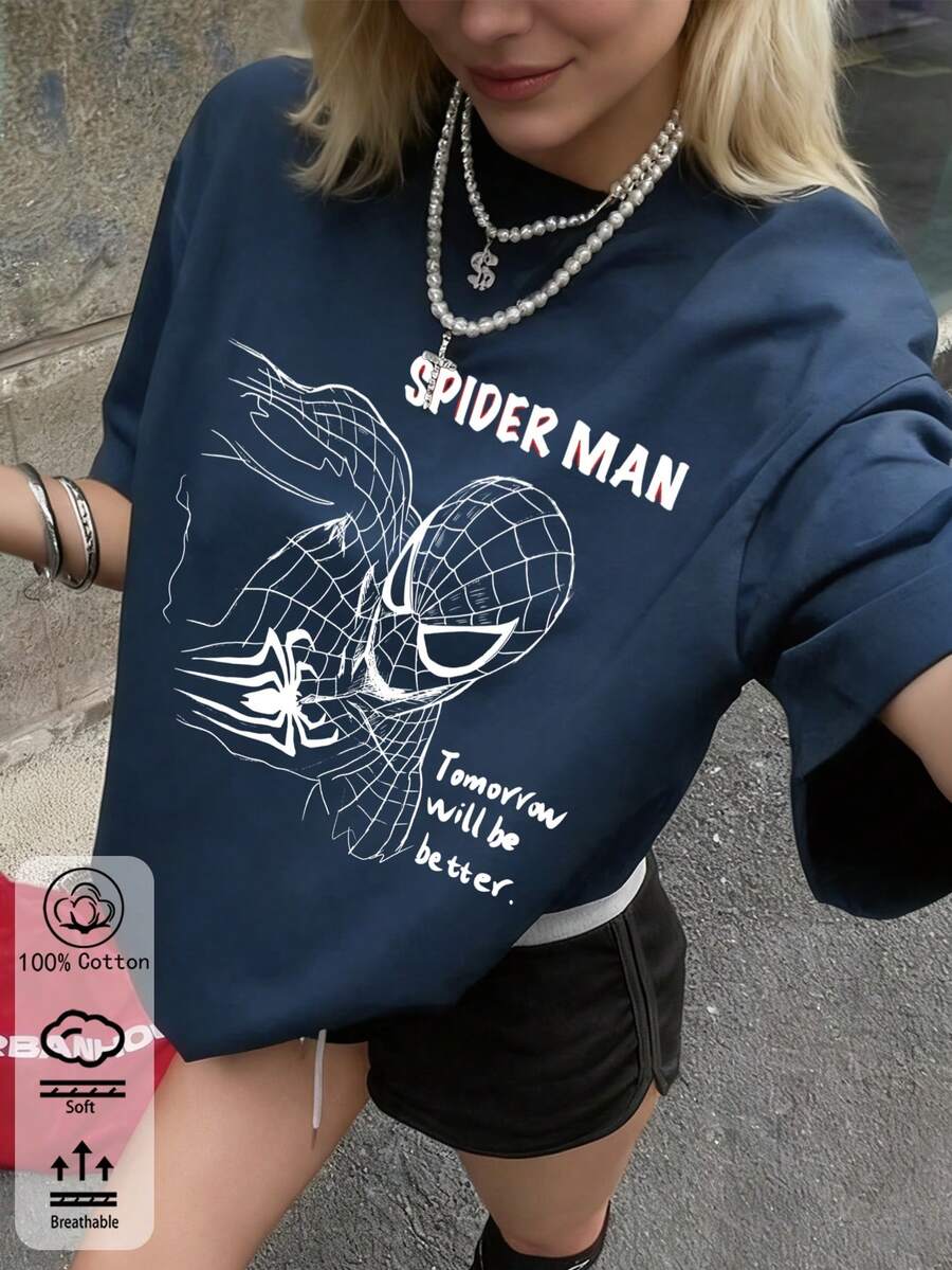 春夏女士新品：春夏 T 卹、春夏女士服裝、印花 T 卹、印花上衣、棉質上衣、高品質 T 卹、復古風、學院風、可愛風、都市風、Z 世代風格、千禧一代風格、Y2K 風格、朋克風、做舊風、極簡風、簡約風、休閒風、日常印花風、度假風格、有趣風格 - 牛仔藍 - 查看 1