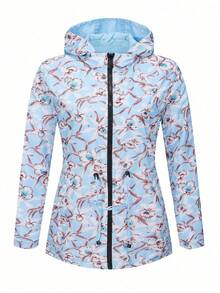 Giolshon Women's Reversible Hooded Jacket With Double-Sided Butter Yellow Printed Design, Casual Fashion Layering For Autumn/Winter Spring - Baby Blue - View 7