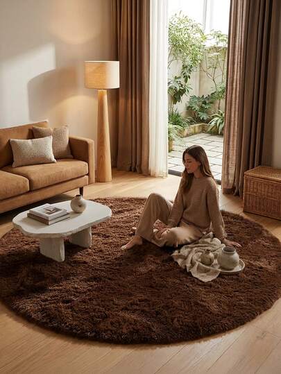 1件装圆形绒面地毯，高端复古北欧风现代简约蓬松地毯，咖啡色装饰地毯，适用于房间、礼品、纯色家居装饰、节日派对、圣诞节、情人节、春节装饰、客厅、卧室、书房地毯，隔音地板，易于打理，四季皆宜。