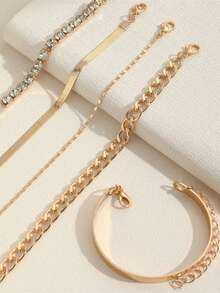  5Pcs/Set Luxurious Bracelets For Women Rhinestone Shiny Adjustable Opening Chain Bracelets Punk Bangle Fashion Jewelry Accessories - Yellow Gold - View 3