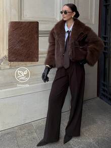 Women's Solid Color Faux Fur Jacket, Long Sleeve Warm Winter Coat, Fashion Lapel Loose Casual Jacket - Brown - View 11