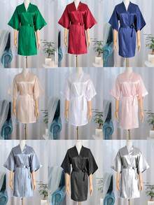 1pc Customized Satin Bride Short Sleeve Robe, Customizable Text, Customized Bride & Bridesmaid Wedding Robe, Personalized Satin Robe, Customized Bride Robe, Bridesmaid Prep Robe, Wedding Party Robe, Lace Trim Robe, Customized Name Robe, Bridal Robe Gift, Bridal Party Gift, Silky Loungewear, Minimalist, Fun, Customized, Unique, Matching Bridesmaid Silky Loungewear Special Bridal Gift, Bestie, Girlfriend, Fashionable Autumn - Multicolor - View 9