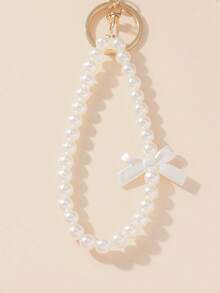 1pc Women's Elegant Bow & Faux Pearl Beaded Keychain, Fashionable Minimalist Beaded Birthday/Holiday Gift, Cute Phone Strap & Bag Charm - Bow - View 2