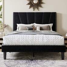 Allewie Full/Queen/King Size Bed Frame With Adjustable Velvet Upholstered Headboard, Rivet-Style Nailhead Trim Detail Platform Bed Frame, Wooden Slat Support, No Box Spring Needed, Easy Assembly, Black - màu đen - Xem 2