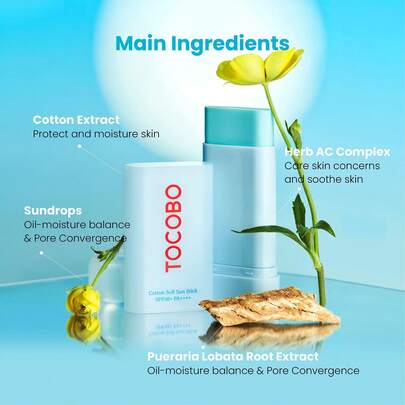  TOCOBO [TOCOBO] Barra solar suave de algodón SPF50+ PA+++ 0.67 onzas / 0.67 oz | Ingredientes naturales, antisebo, sensación mate suave | EWG Green + sin PEG, barra solar vegana coreana para la cara