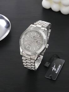 RICECGO 1pc Men's Quartz Watch Distinctive Textured Design For Standout Appeal Premium Stainless Steel Bracelet With Premium Feel Features Date Display Blends Business And Casual Styles With Personalized Infuses Outfits, Cool Energy - Silver - View 5