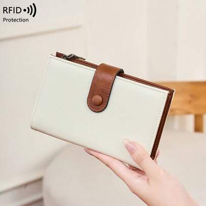 New RFID Blocking Women's Wallet, Vintage European & American Style Passport Holder, Multi-Functional Trifold Long Card Case