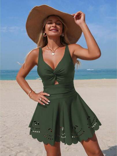 Women's One Piece Skirted Swimsuit Swim Dress Summer V Neck Twist Front Bathing Suit Swimwear For Pool Beach Vacation Outfits