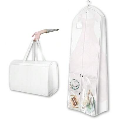 UNIQUEFORYOU 70-Inch Wedding Dress Garment Bag With Handles, Foldable Clothes Storage Bag With Pockets And Zipper, White, 180cm Long