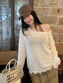 夏季米色做旧镂空针织上衣 - 优雅纯正的Yurty性感休闲街头Y2K长袖露肩毛边宽松束腰女式针织上衣和女式衬衫 | 适合年轻女士、女士、甜美女孩、Y2K女孩和性感女孩，完美适用于情人节/妇女节/母亲节/休闲聚会/海滩度假/派对聚会/返校季/婚礼季/音乐节/2026做旧针织上衣 - 杏色 - 查看 3