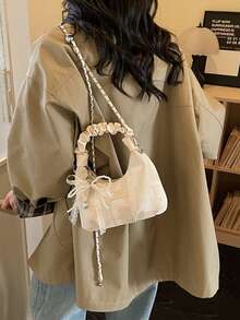 Women's Simple And Versatile High-Quality PU Pleated Handbag, Crescent-Shaped Mini Bag With Beaded Charm And Detachable Shoulder Strap, Perfect For Everyday Casual Wear. - White - View 3