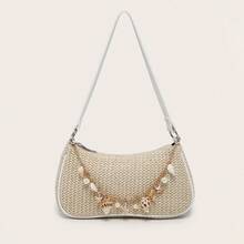 1pc Women's Vintage Resort Ocean Creature Faux Pearl Cherry Faux Fur Tail Woven Crossbody Bag, Suitable For Dates, Outings, Vacations - 杏色 - 查看 1