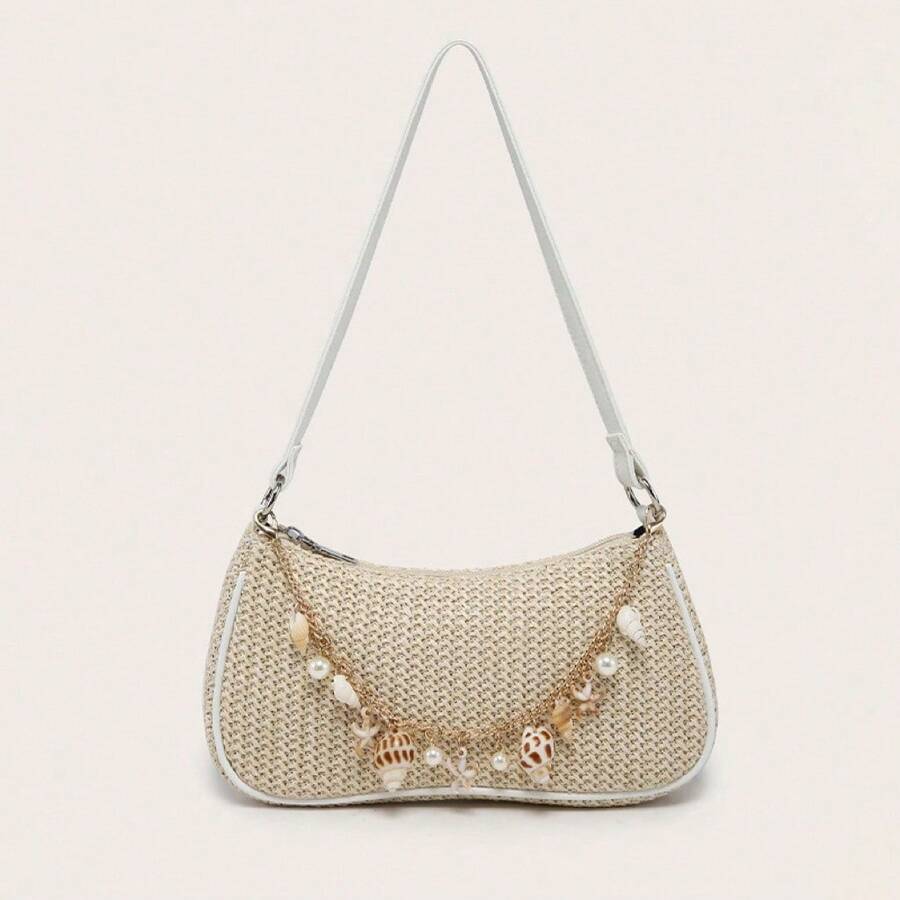 1pc Women's Vintage Resort Ocean Creature Faux Pearl Cherry Faux Fur Tail Woven Crossbody Bag, Suitable For Dates, Outings, Vacations - 杏色 - 查看 1