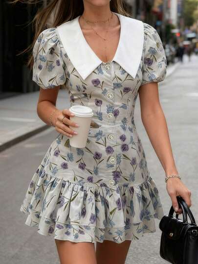 Women's Spring/Summer New Bohemian Elegant Fashion Casual Puff Sleeve Splice Collar Print Single-Breasted Metal Button Pleated Fitted Mini Dress, Women's Christmas Dress, New Year Dress, Elegant Party Dress, Women's Elegant Dress, Women's Casual Dress, Women's Winter Layered Dress, Comfortable Casual Dress, Printed Dress, Floral Dress, Valentine's Day Dress, Spring/Summer Apparel, Sexy Mini Dress