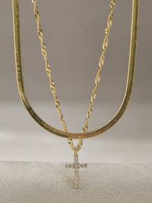 2pcs/Set Fashionable New Gold Stainless Steel Gold Wire Flat Chain & Copper Wave Chain Layered Cross Pendant Necklace - Yellow Gold - View 3