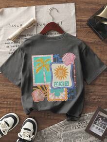 Tween Girls' Tropical Summer Print Short Sleeve T-Shirt, Student Young Casual Wear, Prepared For Girls Going To Play In Summer - Dark Grey - View 4