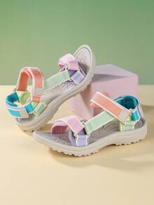 1 par de sandalias planas de color simple con diseño de cierre de gancho y bucle tejido, cómodas y frescas, unisex, adecuadas para usar en verano - Rosa - Ver 4
