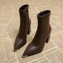 2026 Spring/Autumn New Vintage Classic Black & Brown Metal Pointed Toe Side Zipper High Heel Ankle Boots For Women - Black - View 5