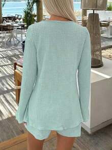 Women Solid Color Front Tie Long Sleeve Top And Shorts Resort Set Spring - Mint Blue - View 3