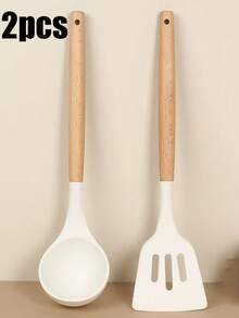 1/3件套木柄硅胶铲套装，耐热不粘锅具烹饪用具 - 白色 - 查看 16