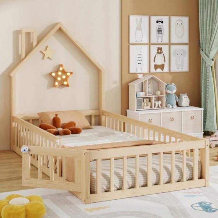 Hausbett, 90 X 200 Cm, Kinderbett Mit Schornsteinform, Bett Mit Lattenrost (Ohne Matratze), Kiefernholz, Minimalist Style, Nature - 自然的 - 查看 2