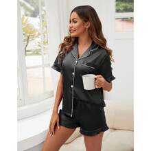 Silk Pajamas, Short Sleeve Button-Down Satin Pajama Set, Ruffle Design - Army Green - View 6