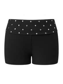 Women Y2K Vintage Rivet Foldover Shorts, Low Rise Mini Shorts, Casual Boxer Shorts, Lounge Pj Shorts Boy Shorts Micro Shorts Elastic Waist Hemming Bottoms - 黑色 - 查看 4