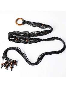 Valentine's Day ,Spring And Summer Fashion Multi-Color Bohemian Retro Style Wax Rope Handmade Wooden Circle Braided Hollow Belt With Dress Belt Summer, School Fall, Autumn, Halloween,Halloween,Belts For Women,Western Belt, Youth,Casual, Outdoor, Athletic, Vacation, Metal Chain Decorative Belt For Women, Simple Yet Versatile Dress, Fashionable Body Chain, Circular Hollow Waist Chain - 彩色 - 查看 4