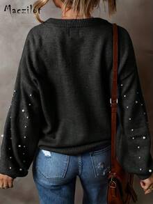 Damen Große Größen eleganter Rundhals Strickpullover mit Perlenverzierung für Herbst/Winter - Schwarz - Übersicht 3