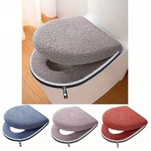 1 pieza Cubierta de asiento de inodoro de doble capa gruesa, alfombra de baño impermeable con cremallera y asa, suave y cómoda, lavable a máquina, ajuste universal - Multicolor - Ver 1