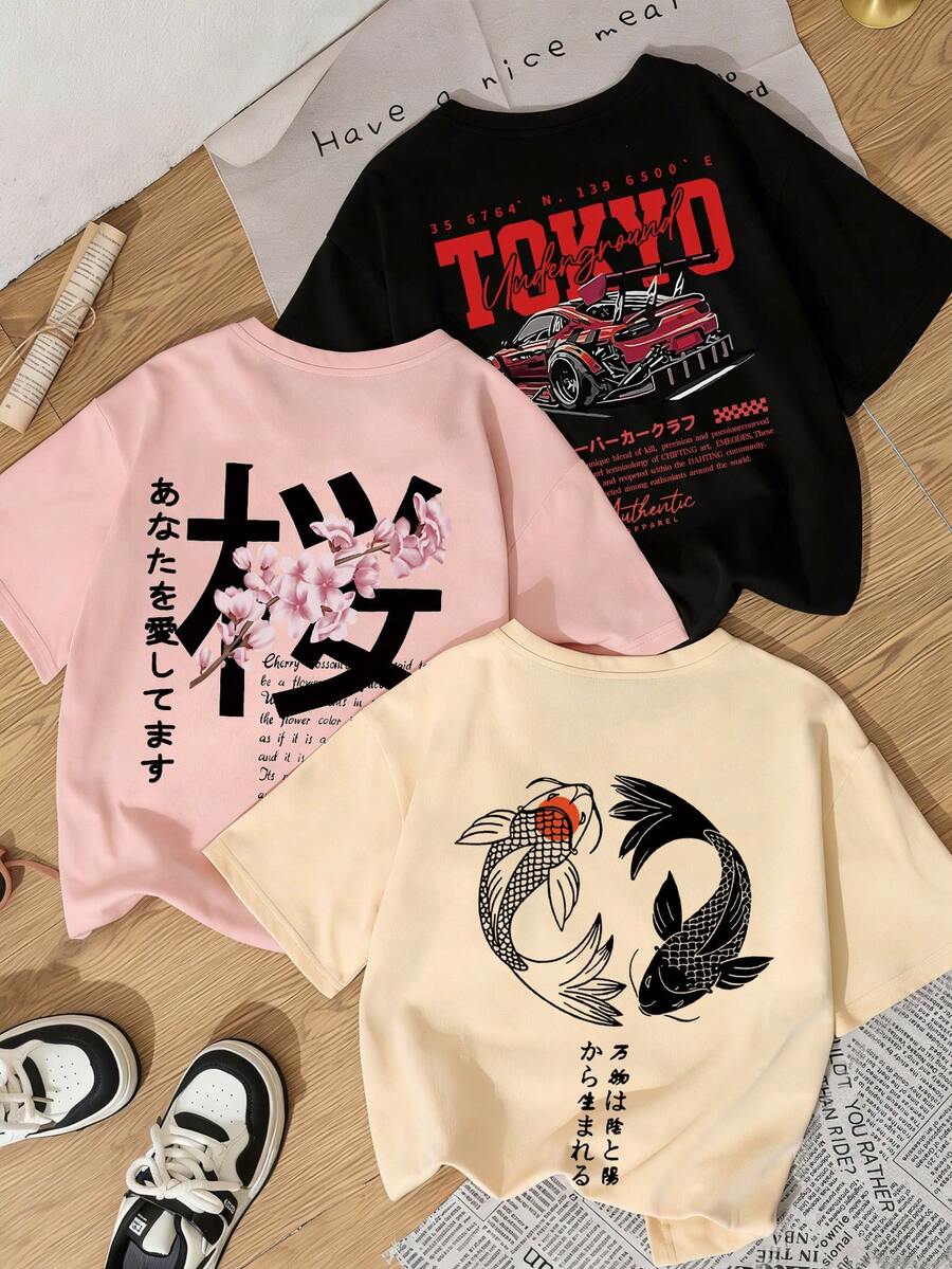 3件套夏季新款简约趣味赛车与日式花鸟印花组合休闲圆领短袖T恤，时尚百搭女式上衣 - 黑色和粉紅色和杏色 - 查看 1
