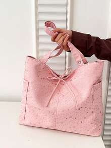 休闲尼龙女士手提包，大容量，时尚星形图案，女士单肩包，新款学生简约风格 - 粉色 - 查看 13