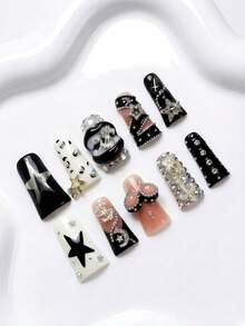 10Pcs Premium Handmade Long Duck Bill 3D Dollar Sign Star-Moon Bag Embellishments Black White Nude Pink Rhinestone Rivet Edgy High-Street Style Reusable Gift For Trendsetters Summer Easter - 彩色 - 查看 1