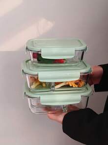 Hộp cơm bento 3 ngăn có nắp đậy bằng thủy tinh, hộp đựng thức ăn hình chữ nhật trong suốt dùng được trong lò vi sóng, thích hợp cho bữa trưa văn phòng, nhà bếp, hộp cơm trưa học sinh. - màu xanh lá - Xem 9