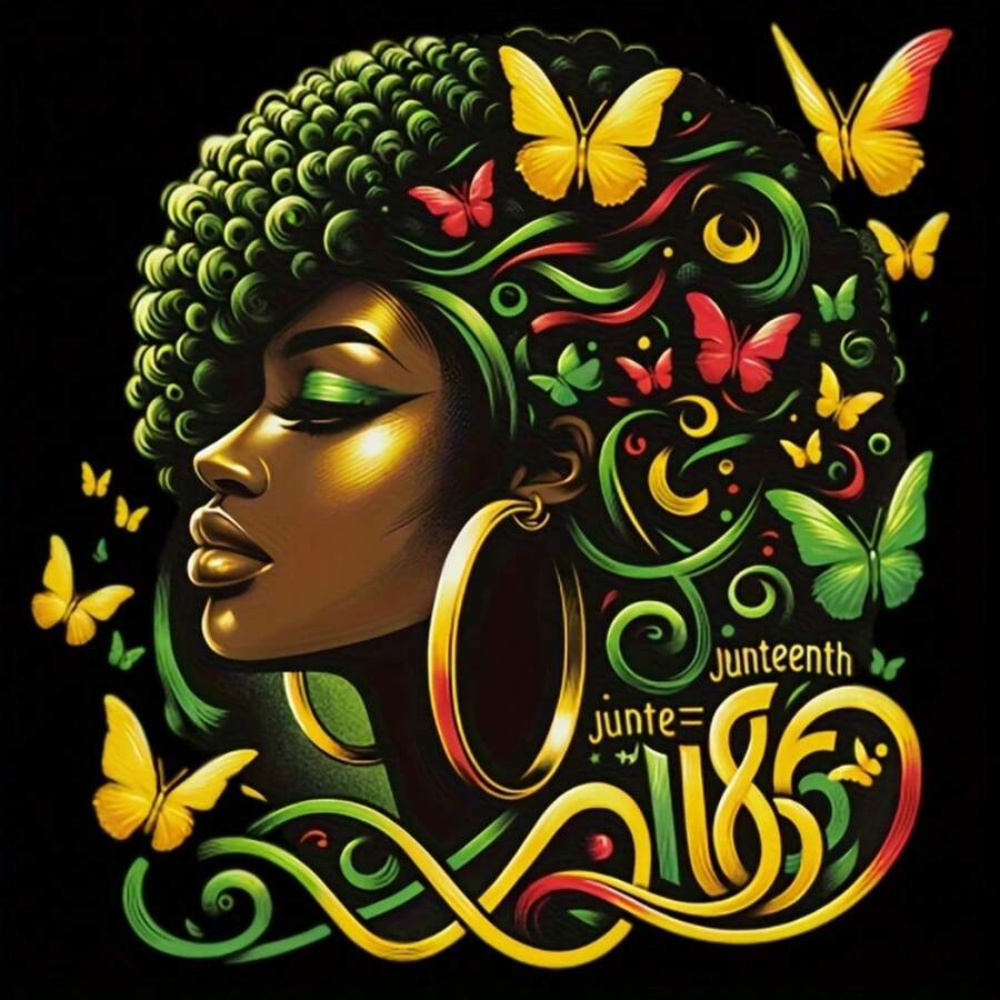 1pc Iron On Heat Tranfers Large Size June 10th Theme Celebration Heat Transfer Sticker - Vibrant African American Woman Design With Butterflies And Swirls - Washable Decal, Suitable For T-Shirts, Hoodies, Bags, And Gifts - Mixed Colors, Polyurethane Material, Accessory Enhancement | Cultural Ornament | Durable Decoration - L - 查看 1