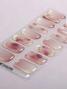 16片半固化凝胶美甲贴纸，优雅精致的裸粉色波浪金线设计水晶美甲贴纸，柔和色调搭配金色装饰，沙龙品质，需配合UV灯使用，适合女性和女孩日常通勤、约会、DIY快速美甲，时尚美甲用品 - 西瓜粉 - 查看 3