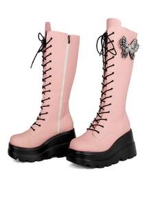 Gothic Knee High Lace Boots For Women Lace Up Platform Booties Round Toe Side Zipper Fashion Cosplay Dress Party Outdoor Combat Boots Women - 粉色 - 查看 9