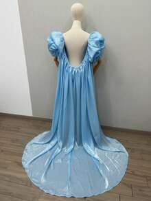 1pc Burgundy Satin Bridal Cape, Luxury Cloak With Puff Sleeves & Long Train, 170cm - Multicolor - View 16