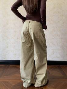 Retro American Design Letter Embroidery Loose Casual Wide Leg Flare Jeans - Khaki - View 5