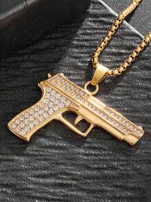 1件新款时尚经典闪亮冷峻仿沙漠之鹰手枪项链摇滚朋克酷炫街头派对吊坠饰品配饰礼品 - 金色 - 查看 5