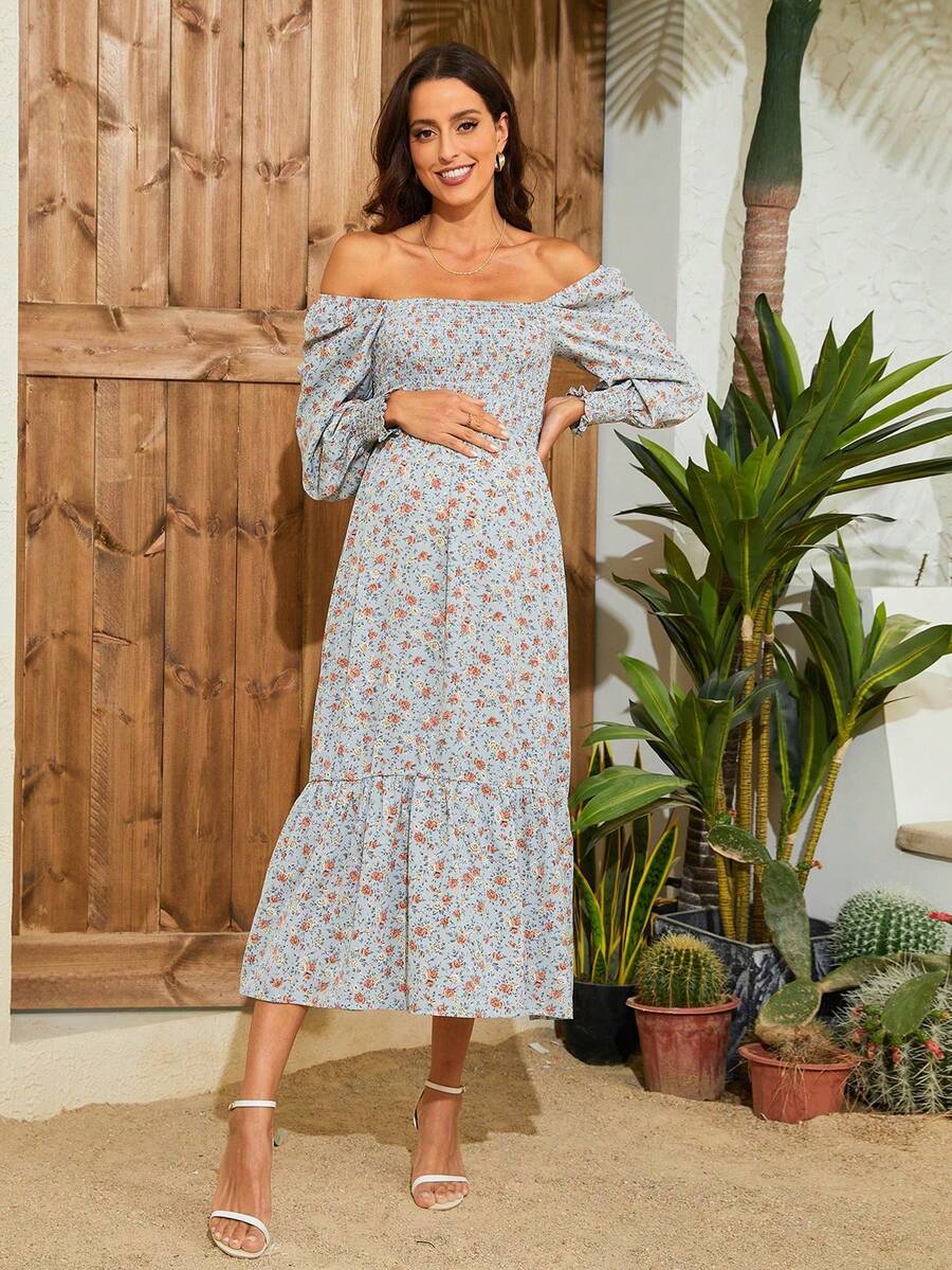 Fashionable Ditsy Floral Maternity Off-Shoulder Drawstring Long Sleeve Dress, Suitable For Vacation Spring - Blue - View 1