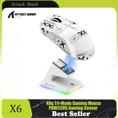  ATTACK SHARK X6 49g SUPERLIGHT Mouse With Magnetic Charging Dock, PixArt PAW3395 Gaming Sensor, BT/2.4G Wireless/Wired Gaming Mouse, 26000 DPI, X3 Upgraded Office Mice For Win11/PS