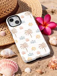 1pc Summer Hawaii Vacation Style Palm Tree, Hibiscus Flower, Seashell & Wave Pattern Glossy 2-In-1 Soft Film Hard Phone Case For Samsung/ 11/12/13/14/15/16/17 Pro Max - Multicolor - View 2
