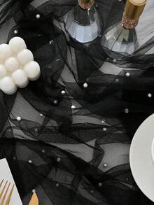 1Pc White Pearl Tulle Decorative Tablecloth,Boho Rustic Cheese Cloth Table Runner For Baby Shower Decoration Wedding Easter Summer Table Runner Baby Shower Family Decorations Gifts - Đen với ngọc trai - Xem 7